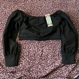 Woven stretch ruched off the shoulder crop